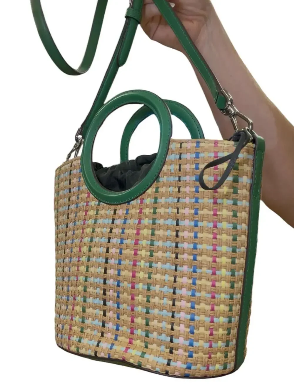 Kate Spade Multi-Color Woven Bucket Bag with Green Leather Handles and Strap